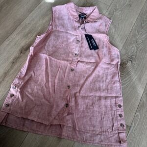 Jones & Co NY Red 100% Linen‎ Sleeveless Button Up Collared Shirt Women's L